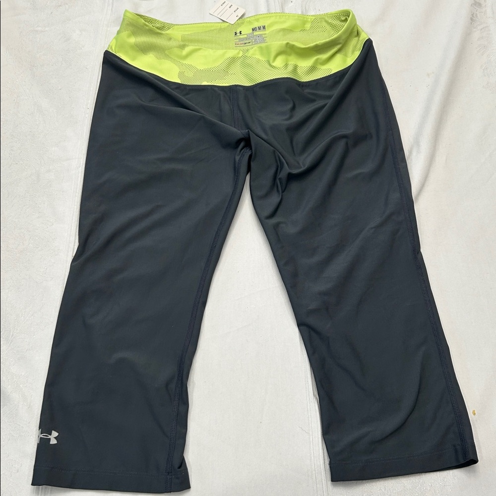 UNDER ARMOUR Heat Gear Yoga Leggings Cropped Gray/Neon Green Women Size M
